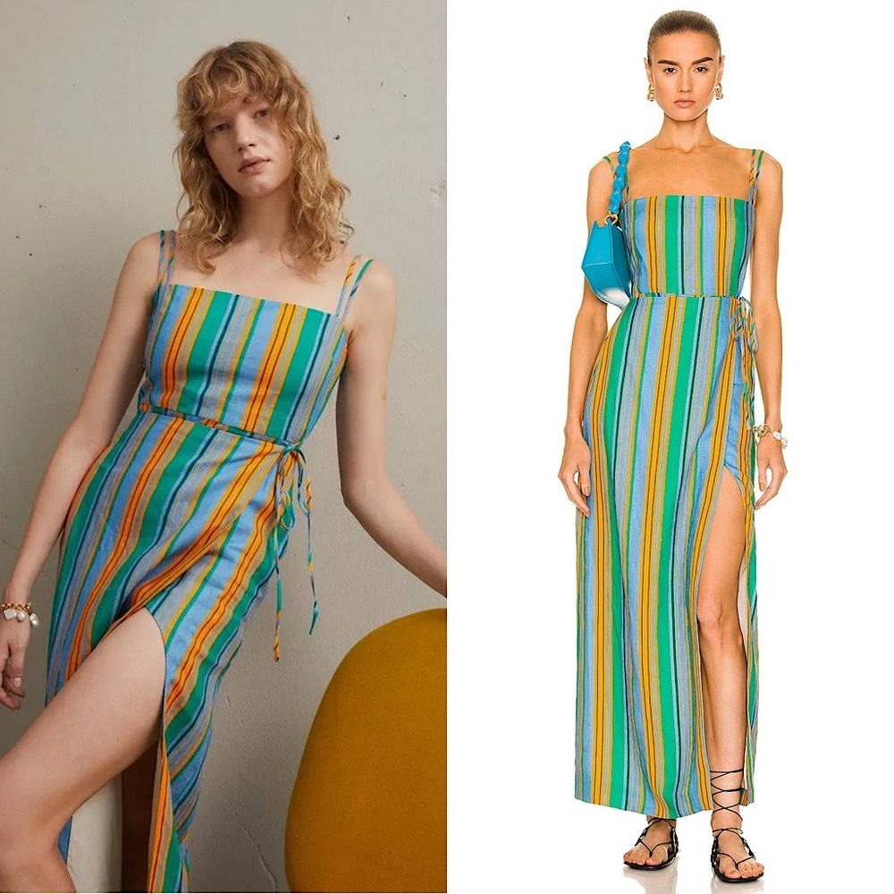 NWT STAUD Stripe Linen Square Neck Sleeveless Crisscross Back Wrap Maxi Dress 00